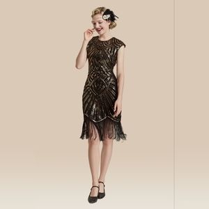 Babeyond 1920s Black and Gold Sequin Beaded Flapper Dress